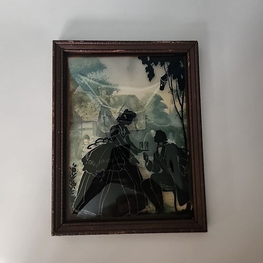 Reverse Painted Silloutte Victorian Couple Convex Glass  Framed Art Southern